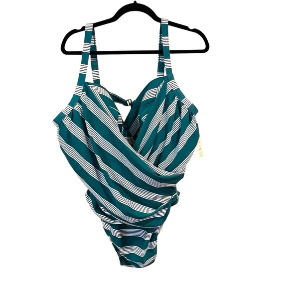 New One Piece Bathing Suit Size 3X Terra & Sky Teal Green Stripe Tummy Control - Picture 1 of 13